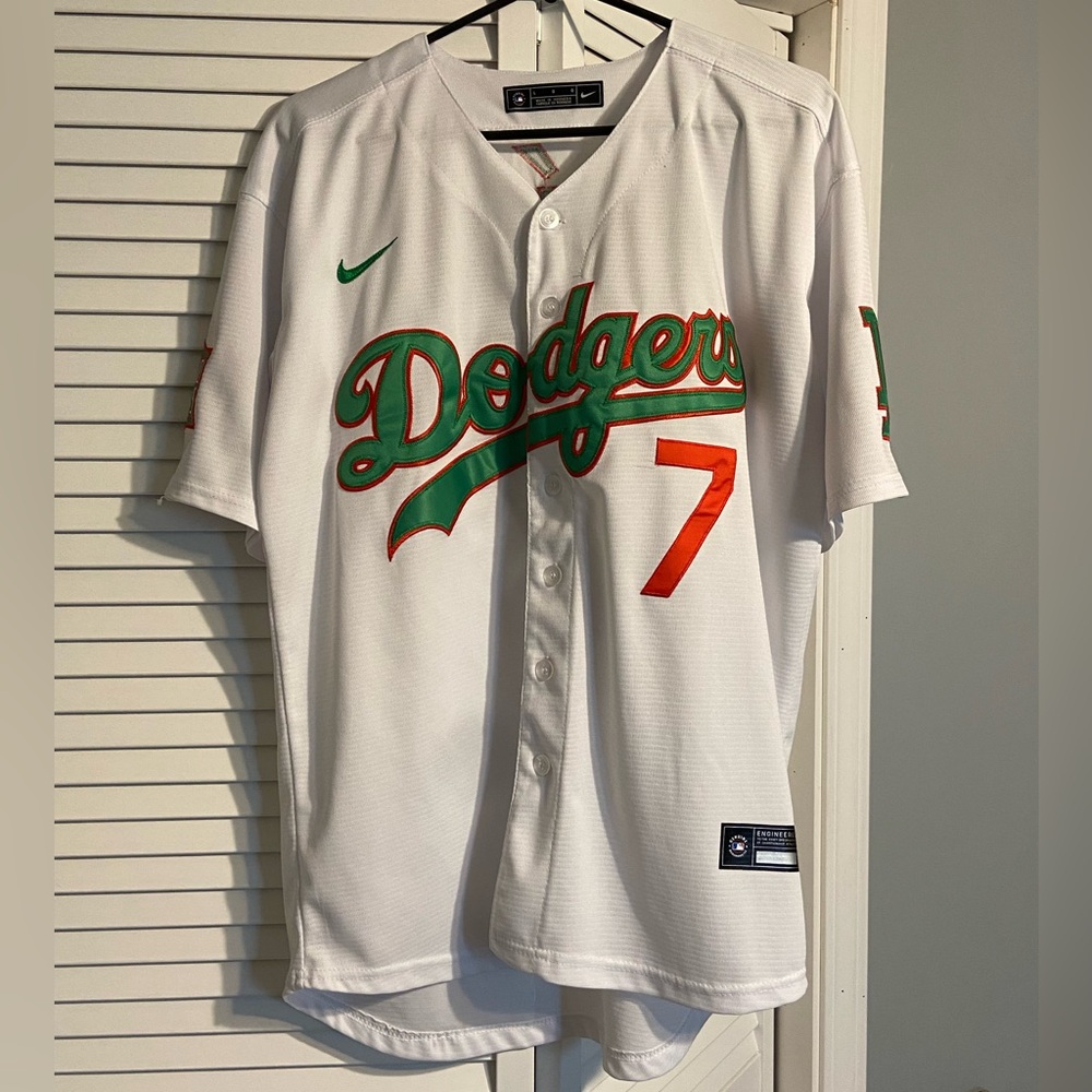 Nike White and Green Dodgers Jersey